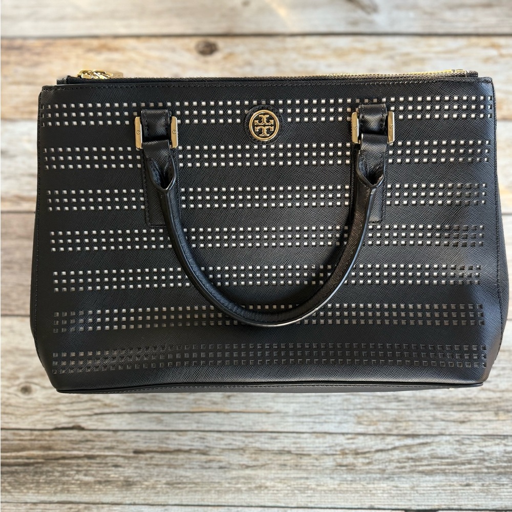 Tory Burch Black Robinson Perforated Double Zip Tote